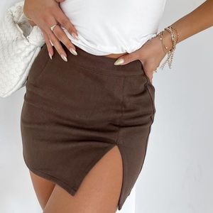 White Fox Boutique Mini Skirt with Slit (Chocolate Brown) in Size Small